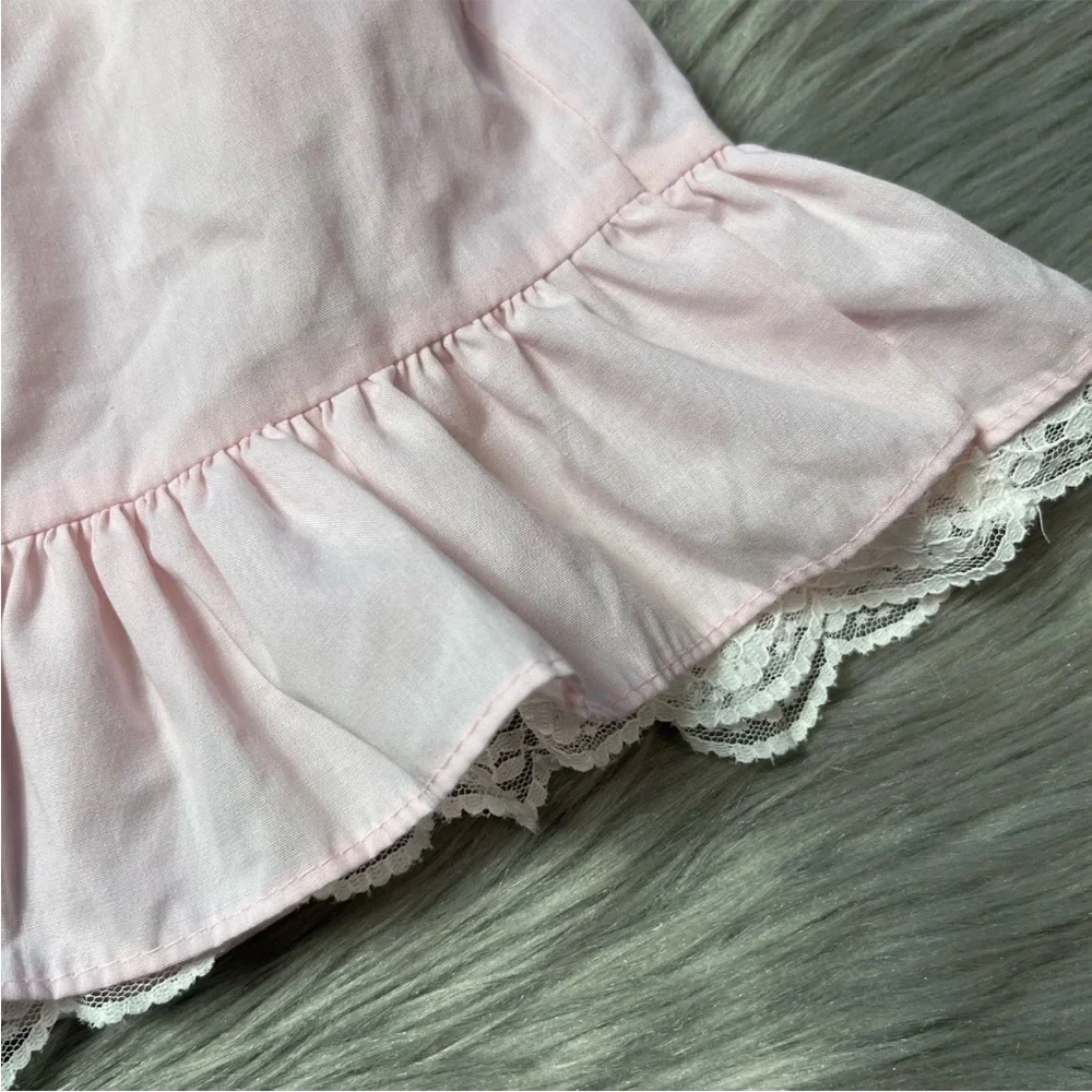 Vintage Polly Flinders Girls Pink White Smocked Ruffle Lace Dress